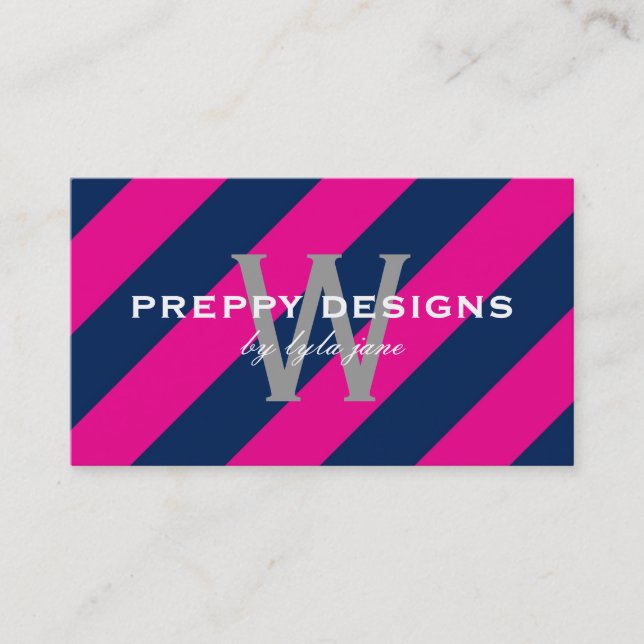 Preppy Hot Pink & Navy Blue Monogram Surprise Business Card (Front)
