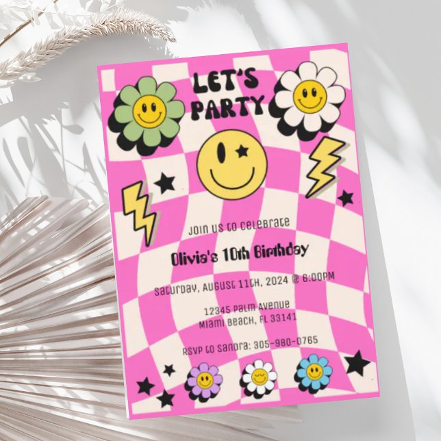 Preppy Hot Pink Retro Happy Face Party Birthday Invitation (Creator Uploaded)