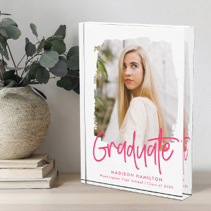 Preppy Hot Pink Script Graduation Photo Block