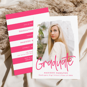 Preppy Hot Pink Script Photo Graduation Party Invitation
