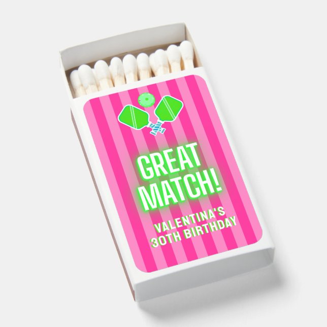 Preppy Hot Pink Stripes Lime Pickleball Party Matchboxes (Front Open)
