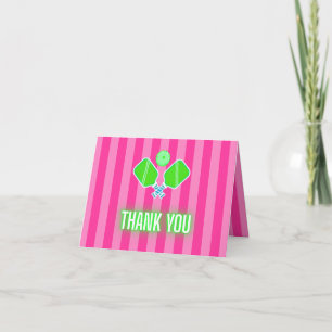 Preppy Hot Pink Stripes Neon Lime Green Pickleball Letterpress Thank You Card