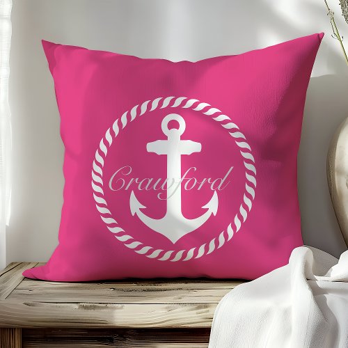 Preppy Hot Pink &Amp;Amp; White Nautical Anchor Monogram Throw Pillow