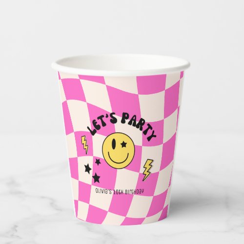 Preppy Hot Pink Y2K Happy Face Birthday Paper Cup