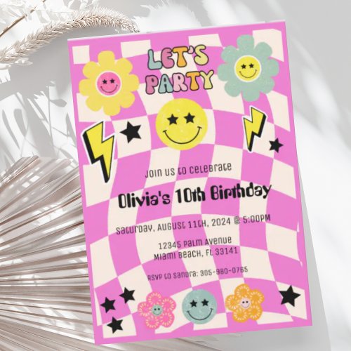 Preppy Hot Pink Y2K Happy Face Party Birthday Invitation