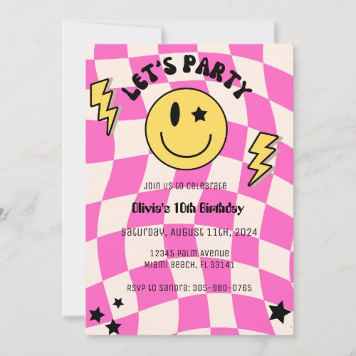 Preppy Hot Pink Y2K Smile Birthday Invitation
