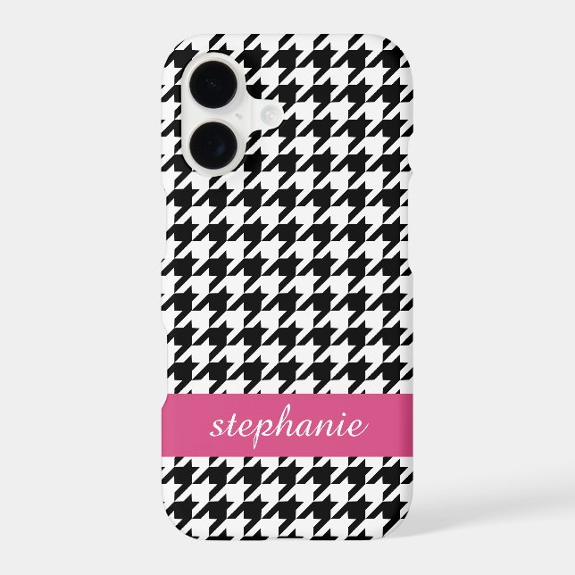 Preppy Houndstooth Pattern Black and Hot Pink Iphone Case (Back)