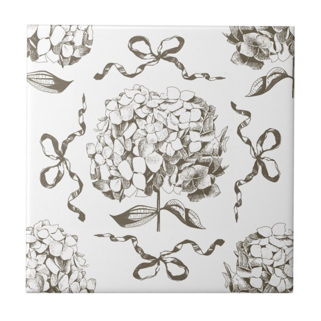 Preppy Hydrangea Bow Beige Seamless Toile Pattern Ceramic Tile (Front)