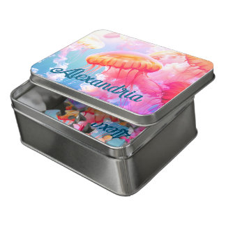 Preppy Jellyfish Underwater Pink Blue Jigsaw Puzzle