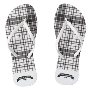 PREPPY Just Married Black and White Plaid Flip Flops