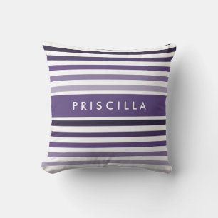 Preppy Large Striped Pattern With Name in Purple Throw Pillow