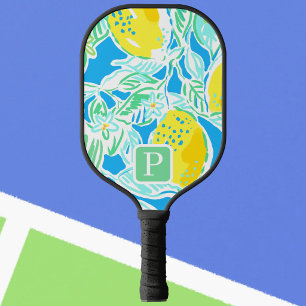Preppy Lemon Pattern Blue Monogram Pickleball Paddle