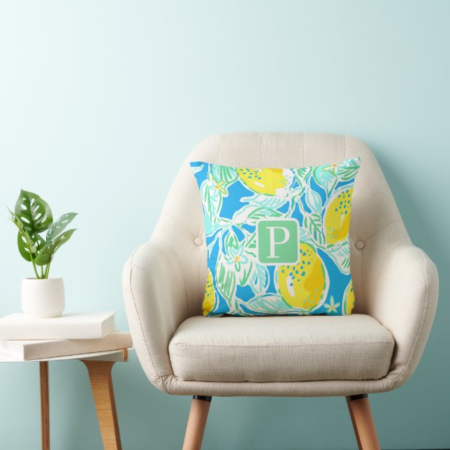 Preppy Lemon Pattern Blue Monogram Throw Pillow (Chair)