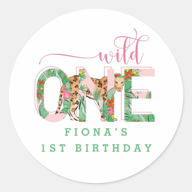 Preppy Leopard Wild One Birthday Party Favor Classic Round Sticker (Front)