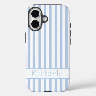 Preppy Light Blue Striped with Name  iPhone 16 Case