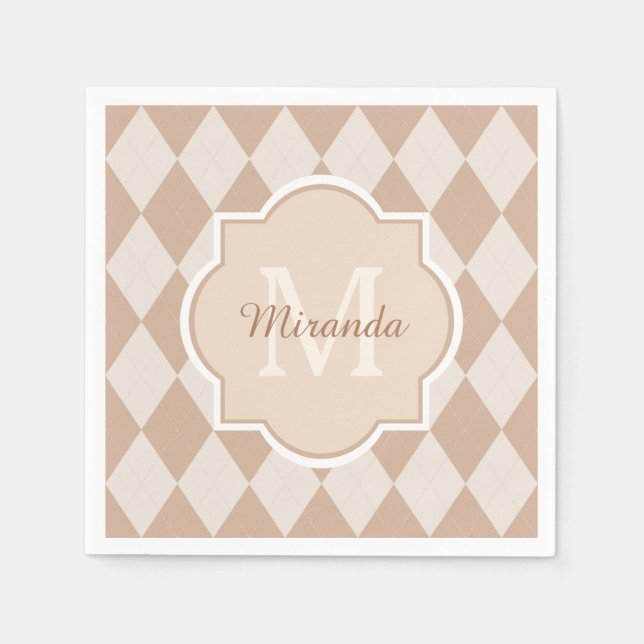 Preppy Light Brown Argyle Girly Monogram and Name Napkins (Front)
