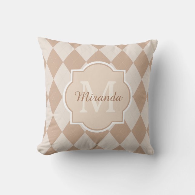 Preppy Light Brown Argyle Girly Monogram and Name Throw Pillow (Front)