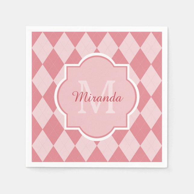 Preppy Light Pink Argyle Girly Monogram Party Name Napkins (Front)