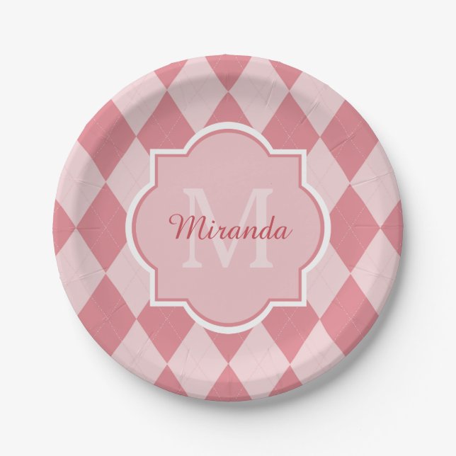 Preppy Light Pink Argyle Girly Monogram Party Name Paper Plates (Front)