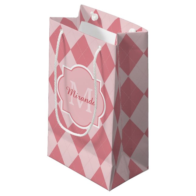 Preppy Light Pink Argyle Girly Monogram Party Name Small Gift Bag (Front Angled)