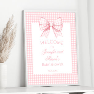 Preppy Light Pink Gingham Bow Baby Girl Shower Poster