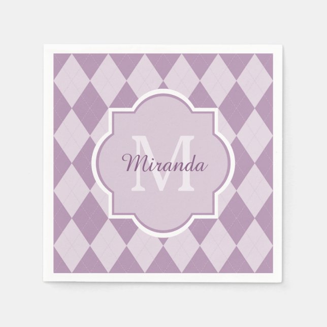 Preppy Light Purple Argyle Girly Monogram and Name Napkins (Front)