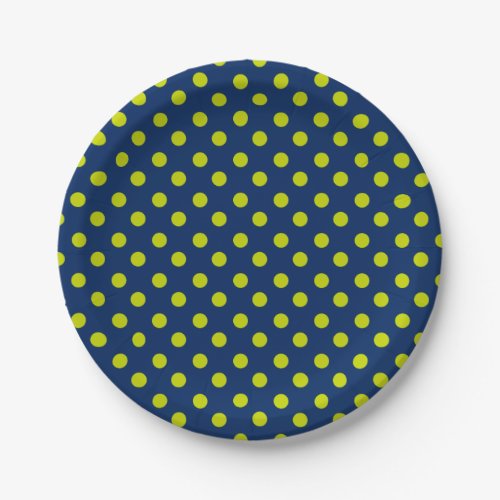 Preppy Lime Green Polka Dot on Navy Blue Paper Plates