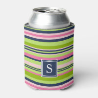 Preppy Lime, Pink and Navy Stripe Monogram Can Cooler