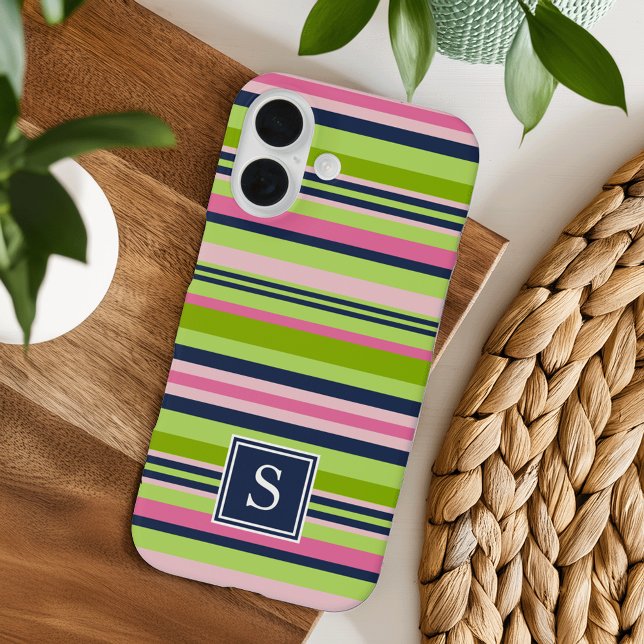 Preppy Lime, Pink and Navy Stripe Monogram Case-Mate iPhone Case (Creator Uploaded)