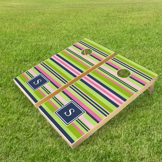 Preppy Lime, Pink and Navy Stripe Monogram Cornhole Set (Creator Uploaded)