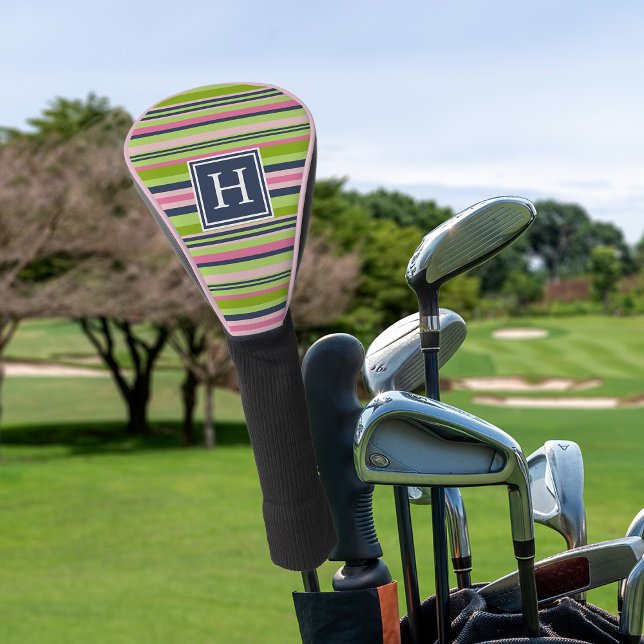 Preppy Lime, Pink and Navy Stripe Monogram Golf Head Cover (Creator Uploaded)