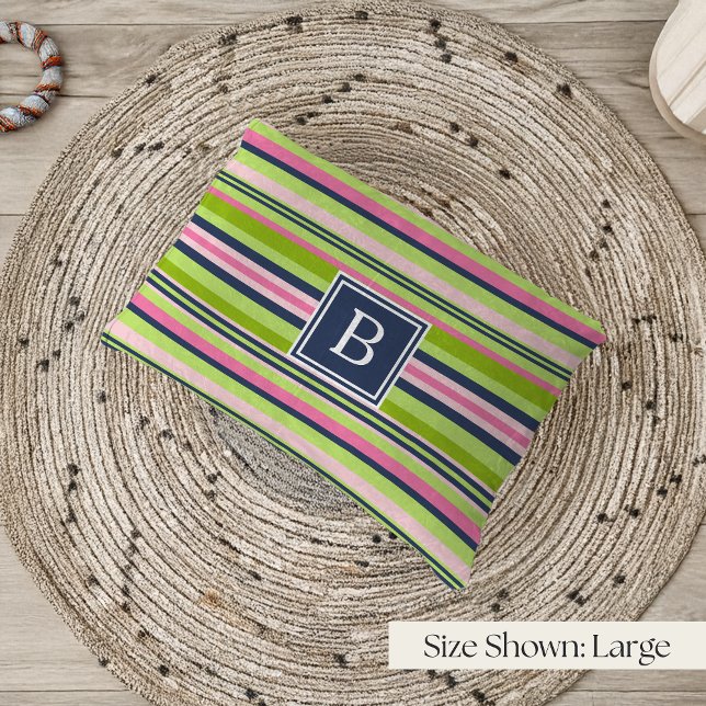Preppy Lime, Pink and Navy Stripe Monogram Pet Bed (Creator Uploaded)