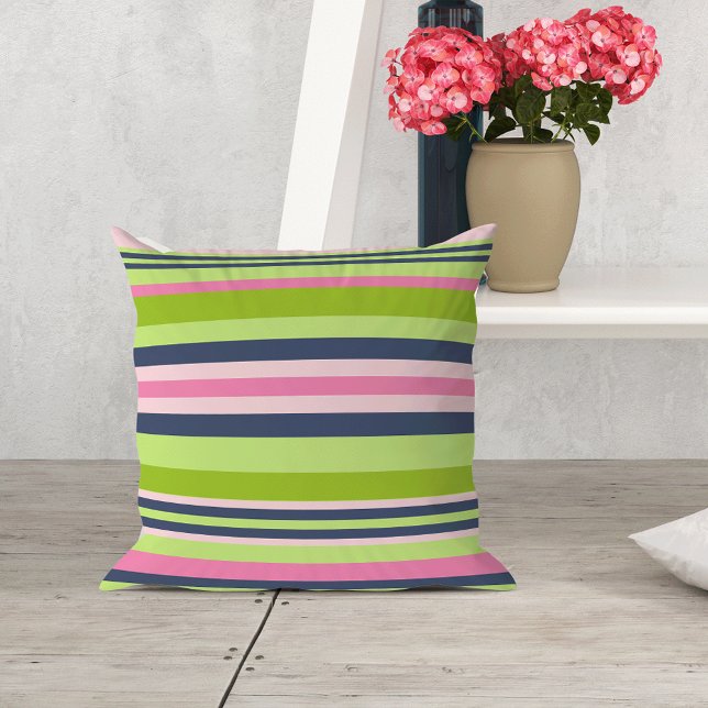 Preppy Lime, Pink and Navy Stripe Throw Pillow (Creator Uploaded)