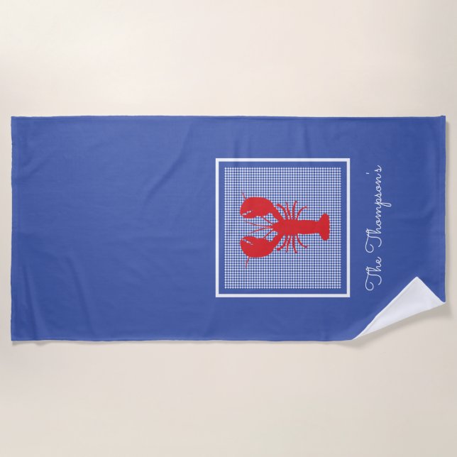 Preppy Lobster Blue White Gingham Family Name Beach Towel (Front)