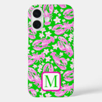 Preppy Lobster Flower Pink Green Pattern  Monogram