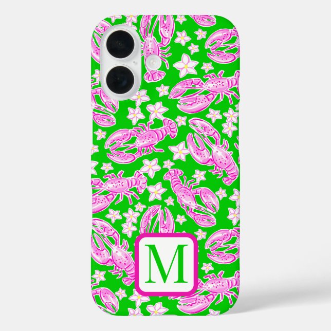 Preppy Lobster Flower Pink Green Pattern  Monogram Case-Mate iPhone Case (Back)