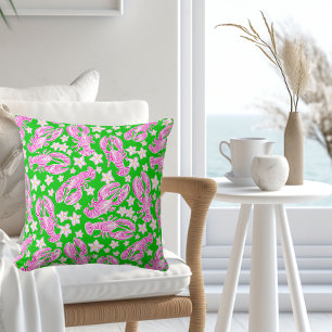 Preppy Lobster Flower Pink Green Pattern Throw Pillow