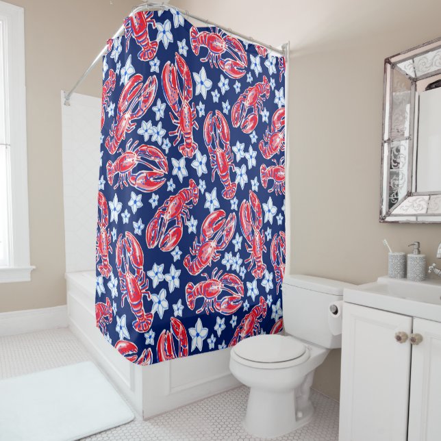 Preppy Lobster Flower Red Navy Pattern  Shower Curtain (In Situ)