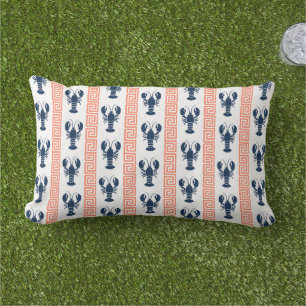 Preppy Lobster Greek Key - Coral & Navy Monogram Lumbar Pillow