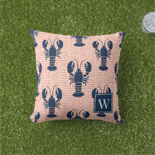 Preppy Lobster Greek Key Coral & Navy Monogram Outdoor Pillow