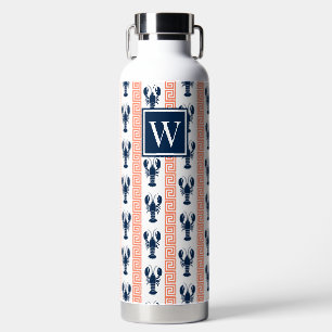 Preppy Lobster - Greek Key Coral & Navy Monogram Water Bottle