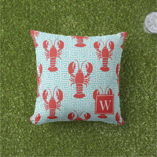Preppy Lobster Greek Key Red & Turquoise Monogram Outdoor Pillow
