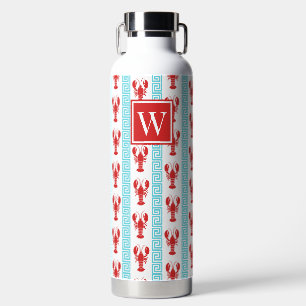 Preppy Lobster Greek Key Red & Turquoise Monogram Water Bottle