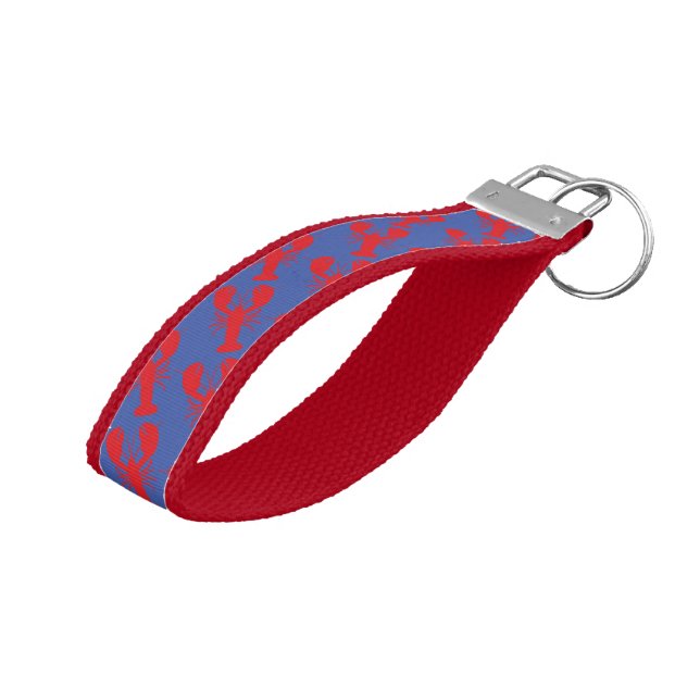 Preppy Lobster Red Blue Maine Coast Vacation Fun Wrist Keychain (Angled Up)
