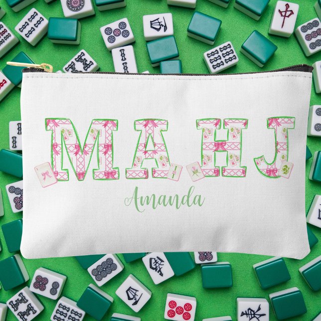 Preppy Mahjong / Pink Green Bow Tiles Personalized Accessory Pouch (Creator Uploaded)