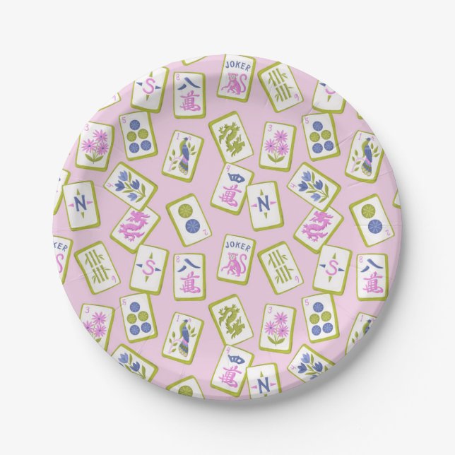 Preppy Mahjong Tiles on Pastel Pink Paper Plates (Front)