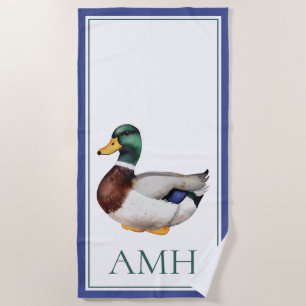 Preppy Mallard Duck Monogram Beach Towel