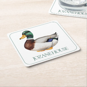Preppy Mallard Duck Personalized Square Paper Coaster