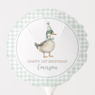 Preppy Mallard Duck Sage Green Gingham Birthday Balloon
