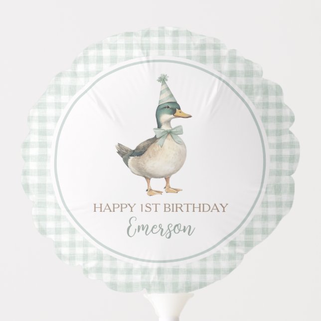 Preppy Mallard Duck Sage Green Gingham Birthday Balloon (Front)